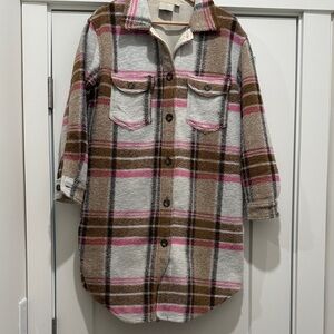 Joie Plaid Button-Front Shacket in Cream, Brown & Pink